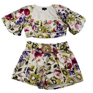 VICI Floral Two Piece Set | Puff Sleeve Crop Top & Belted Shorts, Resortwear L